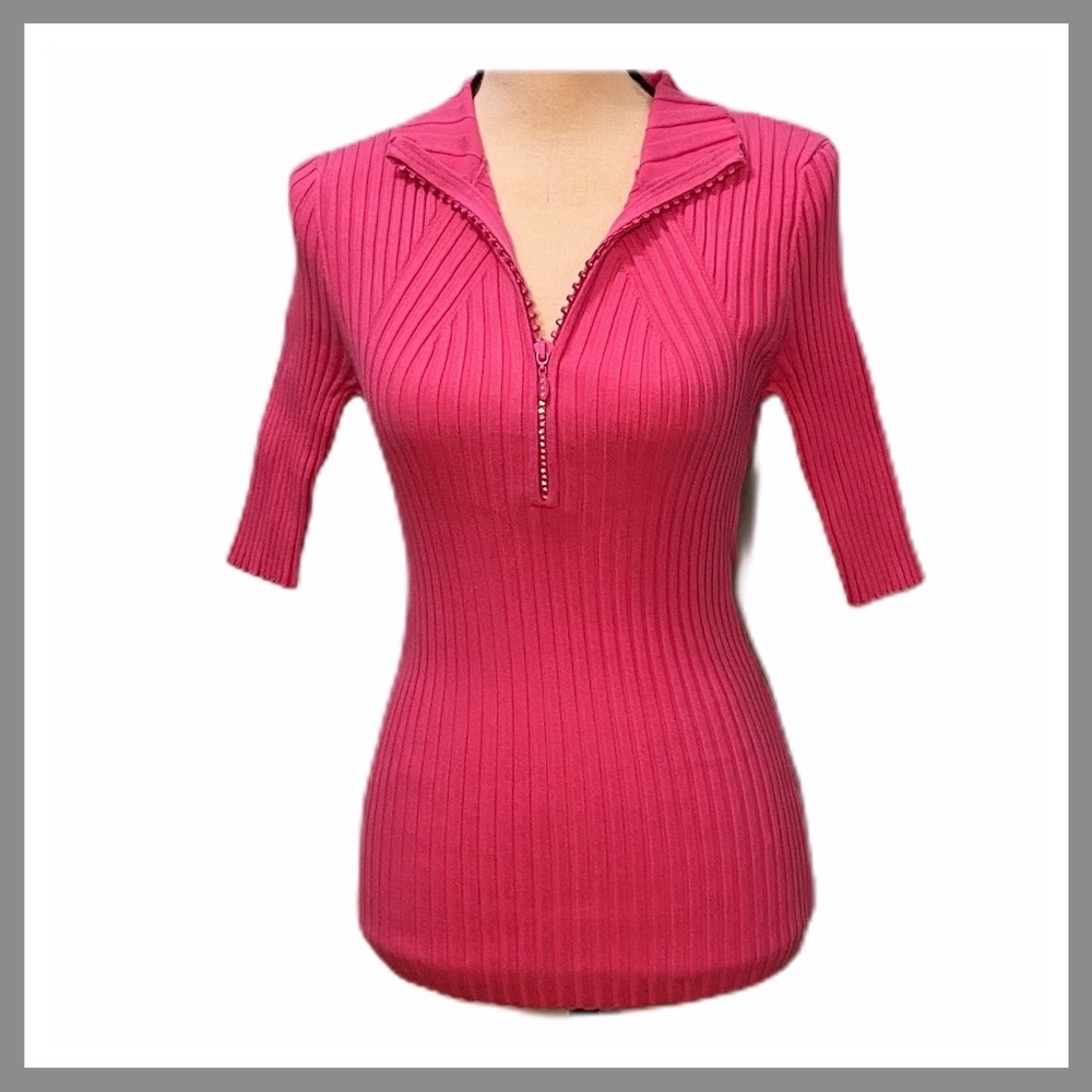 Boston Proper Ribbed Pink Rhinestone Zippered Top